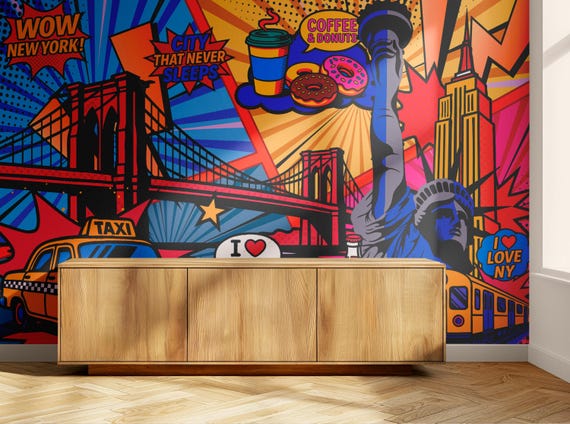 NYC Comic Wall Mural – Peel and Stick New York Wallpaper, Pop Art