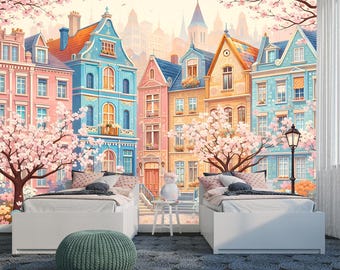 Papel pintado infantil de ciudad europea en tonos pastel, mural de pared de ciudad de hadas para habitación infantil, ilustración de casas de primavera, papel pintado no tejido