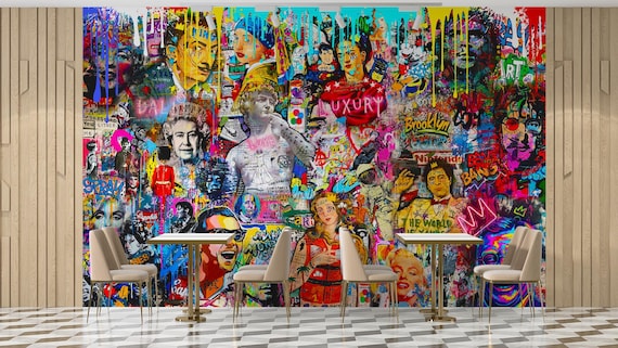 カラフルなポップアート風グラフィティ壁紙壁画、アーバンストリート