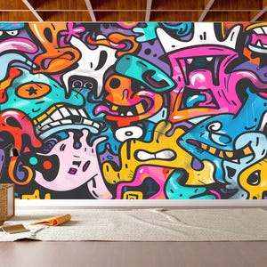Carta da parati Graffiti Doodle Art Peel and Stick Vinile Urban Street Style Murale da parete Design astratto vibrante Soggiorno Camera da letto Camera per adolescenti Decorazione