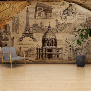 Paris Architecture Wallpaper Mural Vintage Blueprint Wall Mural Peel and Stick French Cityscape Wallpaper Classic Architectural Drawing