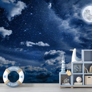 Carta da parati murale "Cielo notturno con stelle e nuvole", carta da parati adesiva staccabile con stampa lunare, decorazione murale di lusso per camera da letto e cameretta dei bambini.