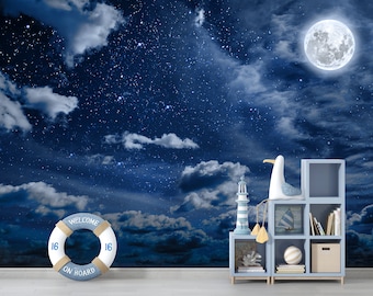 Wall Mural Night Sky With Stars And Clouds Wallpaper Peel and Stick Moon Print Self Adhesive Luxurious Mural Wall Decor Bedroom Kids Room
