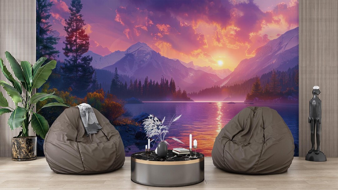 Sunset Mountain Lake Wall Mural Peel & Stick Nature Wallpaper Vibrant ...