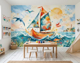 Nautical Wallpaper Mural, Sailboat Ocean Wall Mural, Kids Room Wallpaper, Peel and Stick Wallpaper, Coastal Nursery Decor, Ocean Wall Art