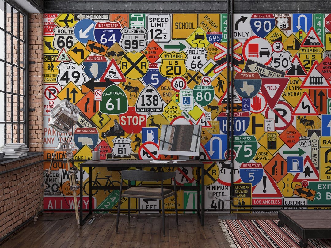 Grunge Traffic Signs Wall Mural Urban Road Sign Wallpaper