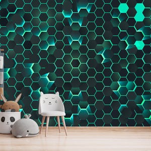 Black Aqua Hexagon Wallpaper Peel And Stick Vinyl Mural Geometric Shapes Design Gaming Print Futuristic Gamer Room Interior Vinyl Decor