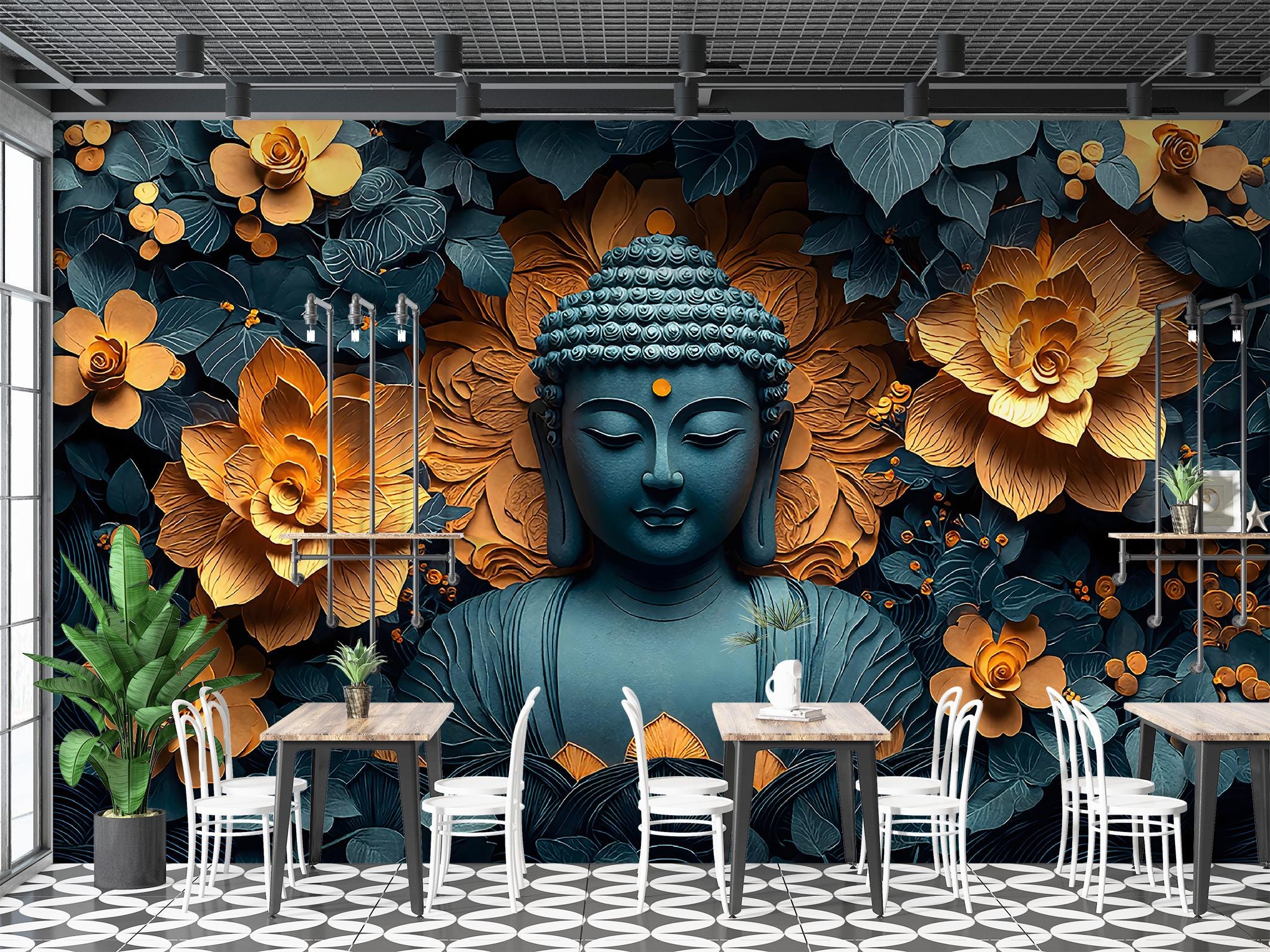 Gold Blue Buddha Wallpaper Mural: Spiritual Botanical Floral Wall