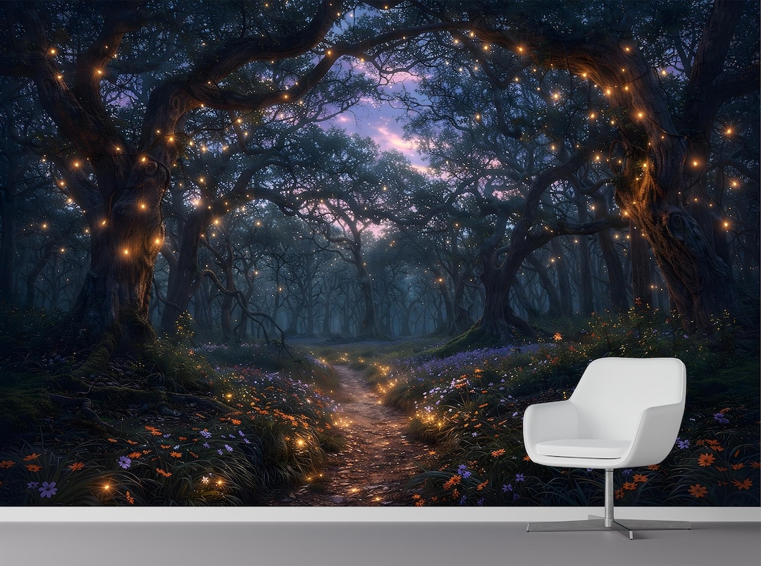 Enchanted Forest Wall Mural, Magical Fairy Lights Woodland Wallpaper ...