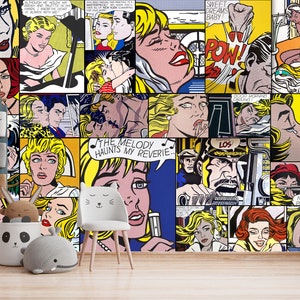 Pop Art Collage Poster Wallpaper Textured Peel And Stick Playroom Wall Mural Vintage Comics Pop Art Modern Wallpaper Retro Art Wall Mural