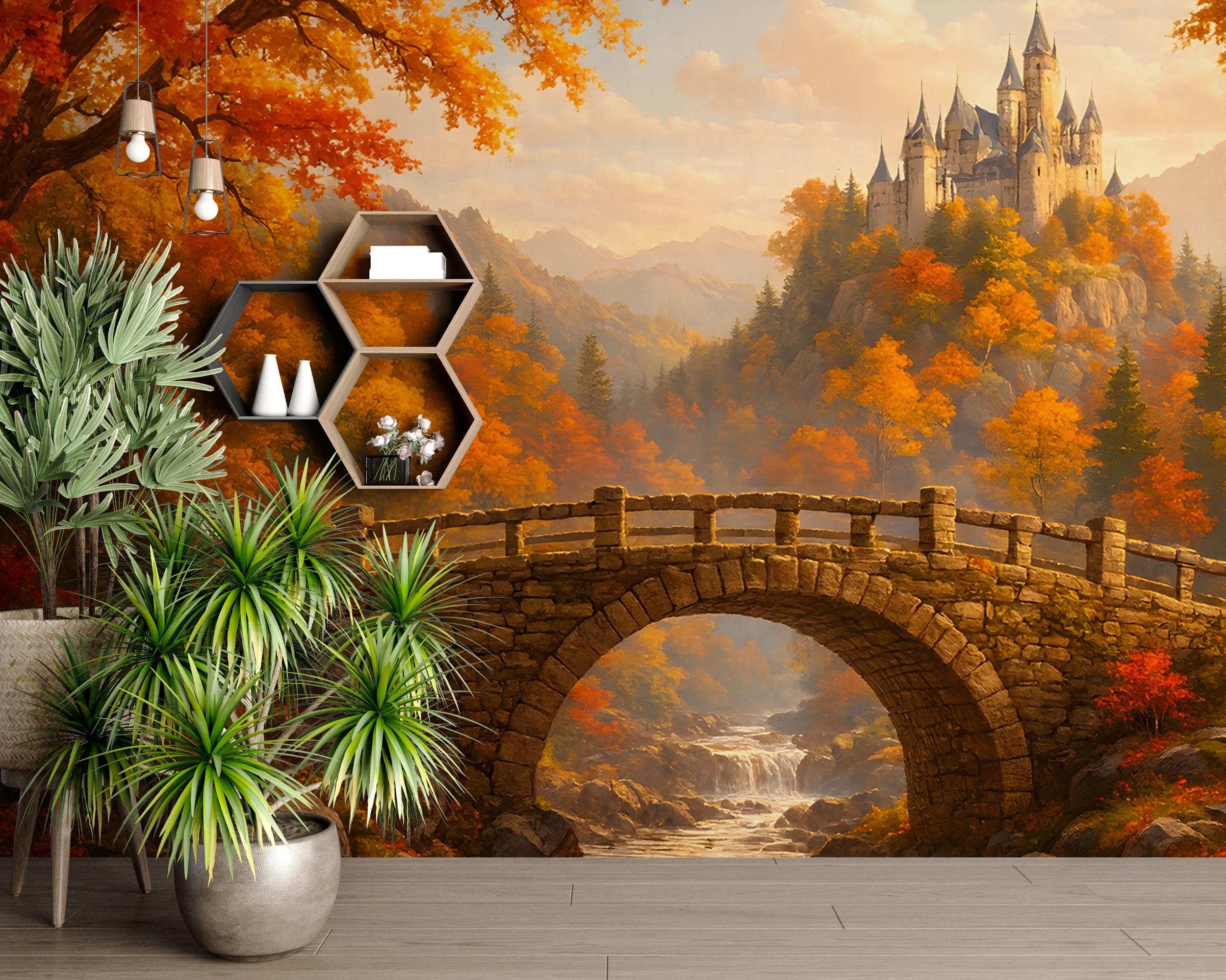 Fairytale Castle Autumn Forest Mural – Scenic Panorama Wall Wallpaper ...