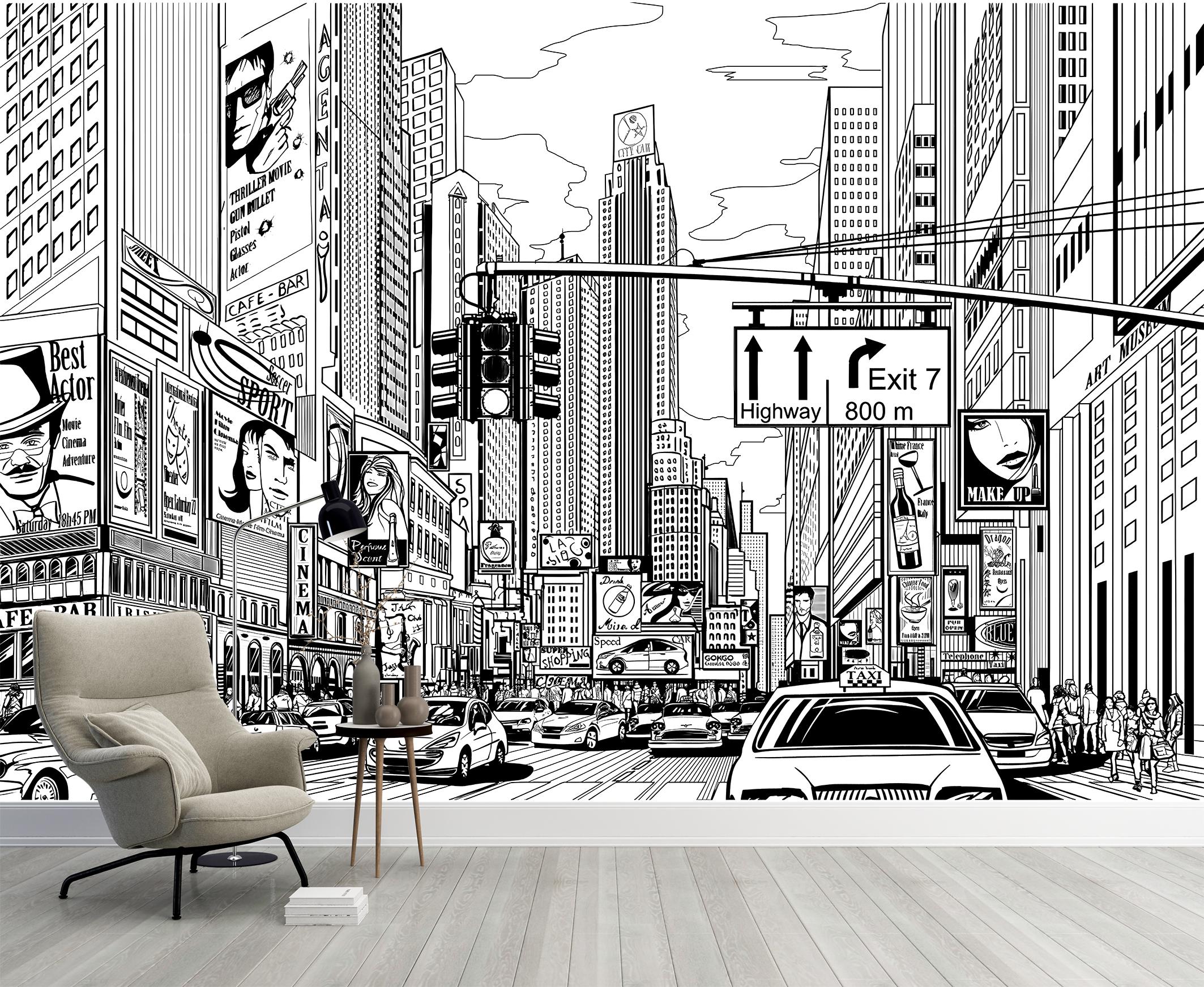 Times Square Mural Black and White Cityscape Wallpaper Line Art Urban Skyline Peel & Stick Vinyl Print Modern Traffic Design New York Style