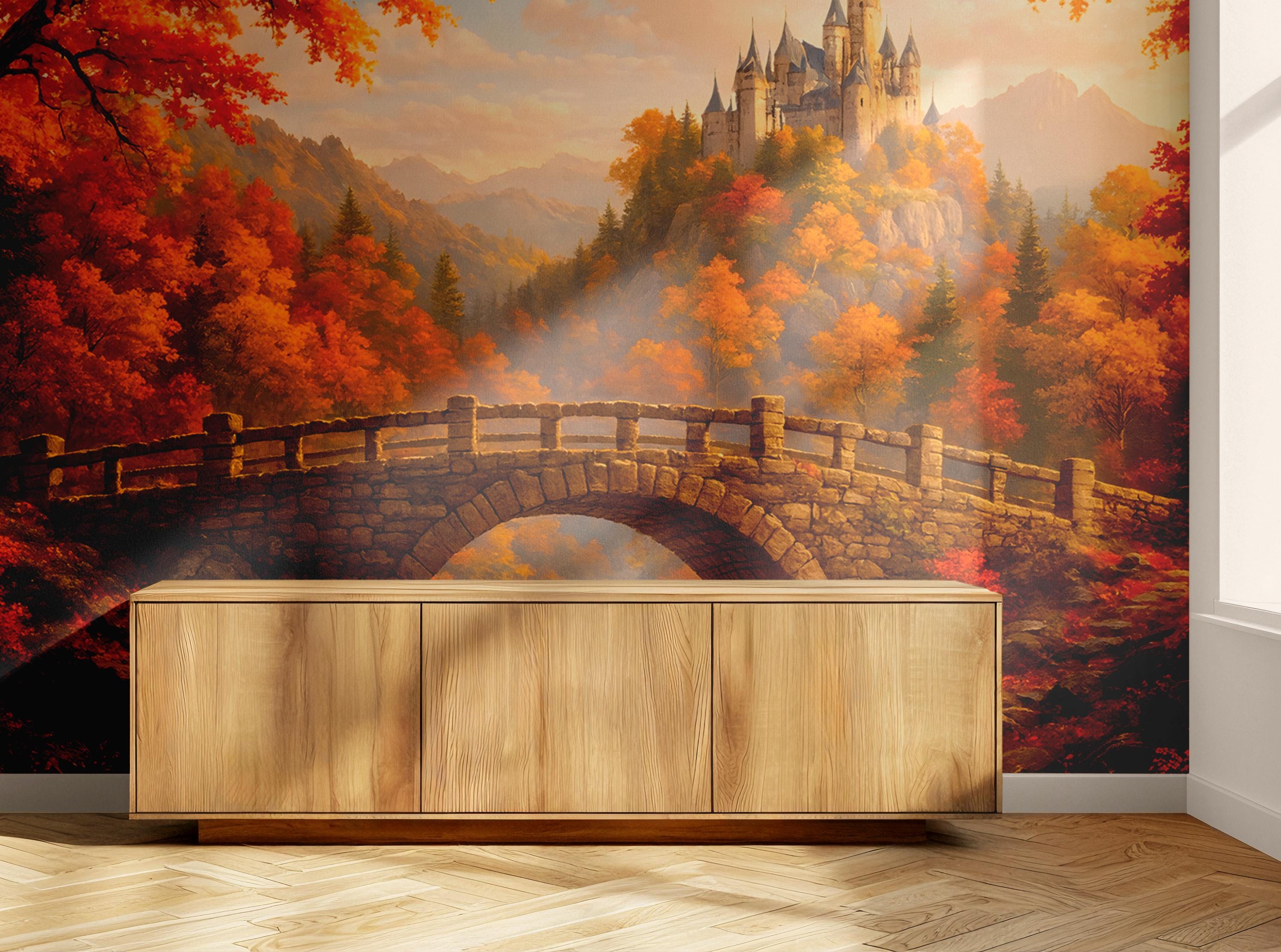 Fairytale Castle Autumn Forest Mural – Scenic Panorama Wall Wallpaper ...