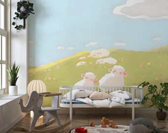 Sheep Nursery Wallpaper, Cute Farm Animal Wall Mural, Baby Room Wallpaper, Pastel Lamb Wallpaper, Kids Room Decor, Peel and Stick