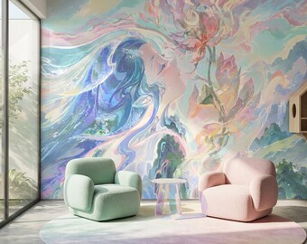 Fantasy Mermaid Nursery Wallpaper, Magical Nature Mural, Dreamy Pastel Wall Decor, Peel and Stick or Non Woven Wallpaper for Kids Room