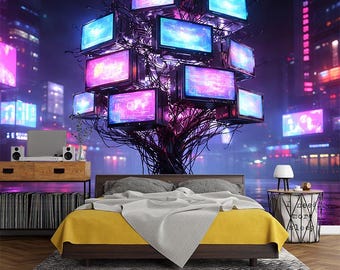 Futuristic Tech Tree Wall Mural – Neon Screens Cyberpunk Wallpaper, Digital Art Peel & Stick, Modern Living Room Decor