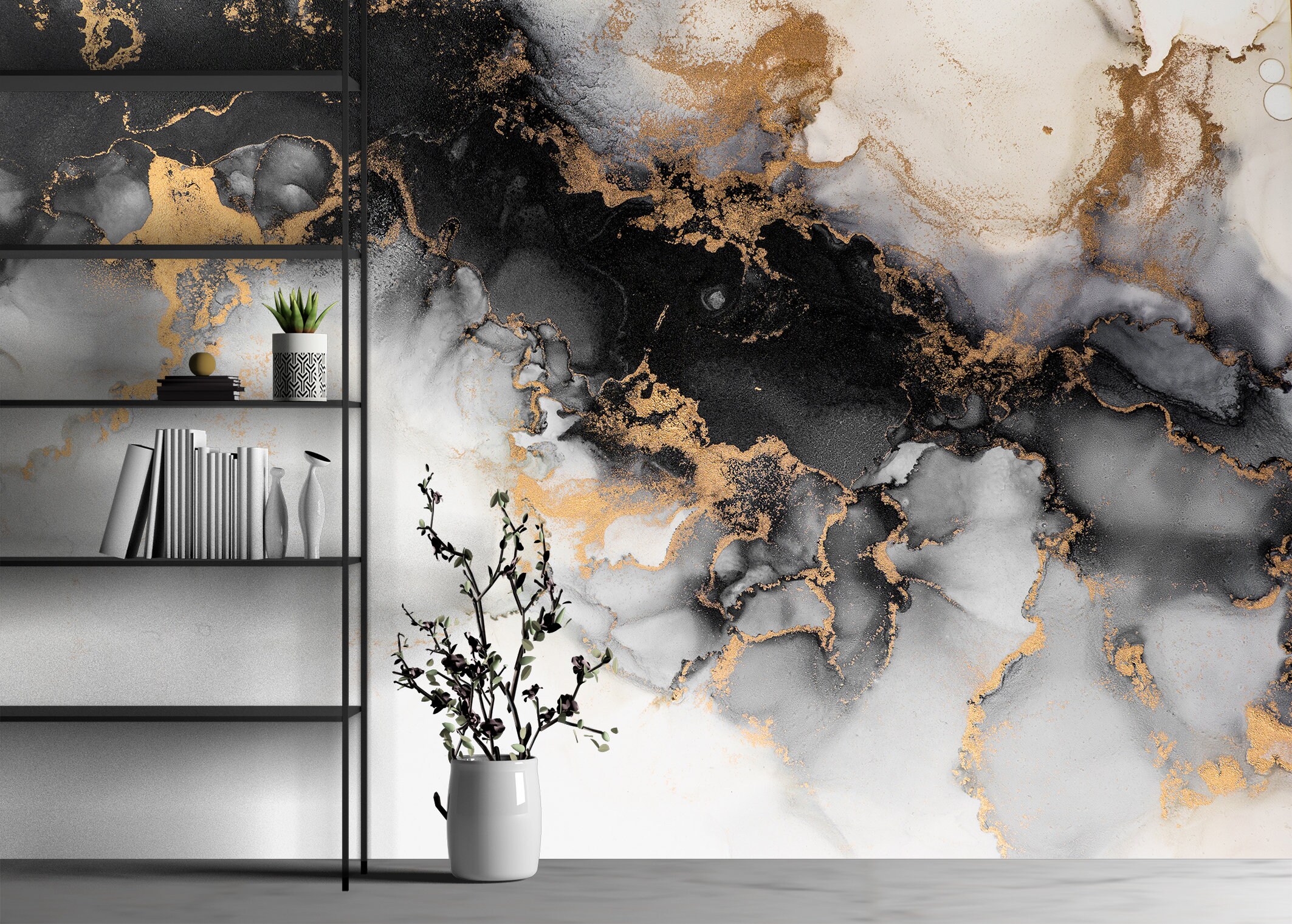 Black Gold Marble Mural Wallpaper – 141.7 X 98.4 Inch Modern Wall Murals For Bedroom Living Room (Not Peel & Stick, Glue Required)