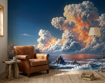 Ocean Sunset Wallpaper Mural, Dramatic Cloud Seascape Wall Art, Luxury Coastal Decor, Peel and Stick or Non Woven Wallpaper