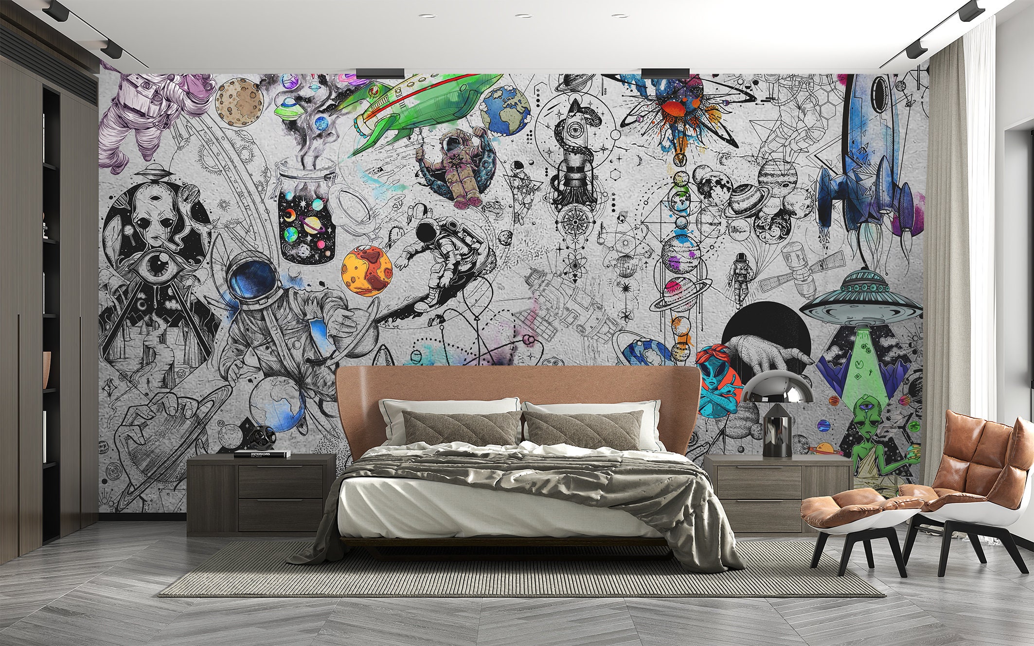 Funky Alien Wall Mural, Space Graffiti Peel and Stick Wallpaper, Cosmic ...