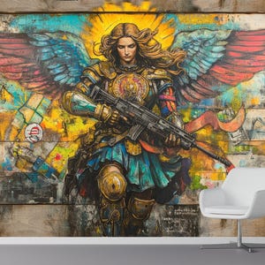 Colorful Angel Warrior Wallpaper Mural Rifle Wings Urban Graffiti Style Fantasy Battle Character Bold Art Bedroom Wall Game Room Interior