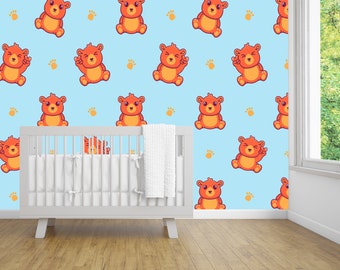 Papier peint en vinyle Art bleu fantaisie avec ours, décoration murale pour chambre de bébé, papier peint enfant coloré avec des animaux, décoration murale bleu clair