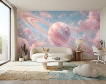 Pastel Space Wallpaper, Pink Planet Mural, Celestial Wall Mural, Dreamy Galaxy, Nursery Bedroom Decor, Peel and Stick/Non-Woven  Wallpaper