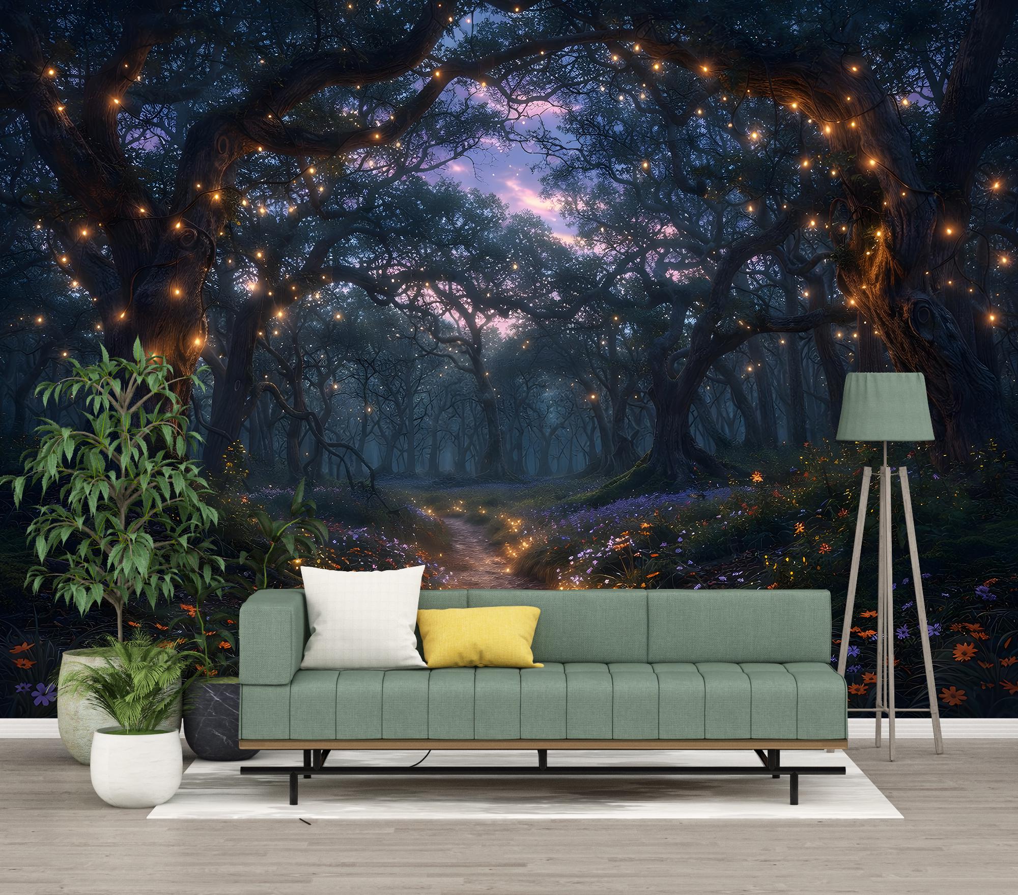 Enchanted Forest Wall Mural, Magical Fairy Lights Woodland Wallpaper ...