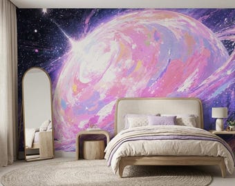 Pastel Galaxy Wallpaper, Pink Purple Planet Mural, Cosmic Space Wall Decor, Dreamy Celestial Wallpaper for Bedroom, Kids Room, Nursery
