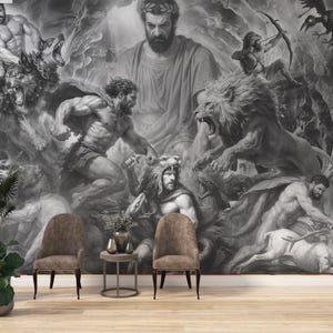 Carta da parati con sfondo bianco e nero con tema mitologia greca, murale con adesivi, Eracle, 12 fatiche, eroi antichi, monocromatico, stile schizzo, murale con guerriero