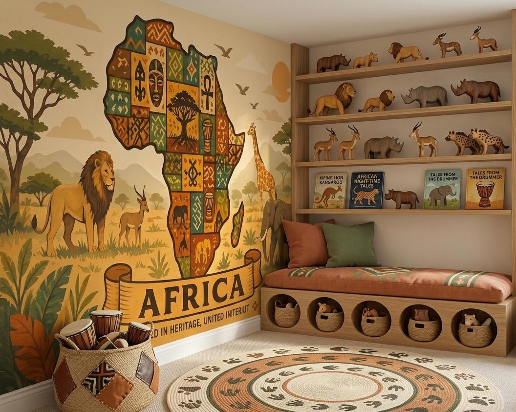 Africa Map Safari Animals Mural, Tribal Ethnic Kids Room Peel and