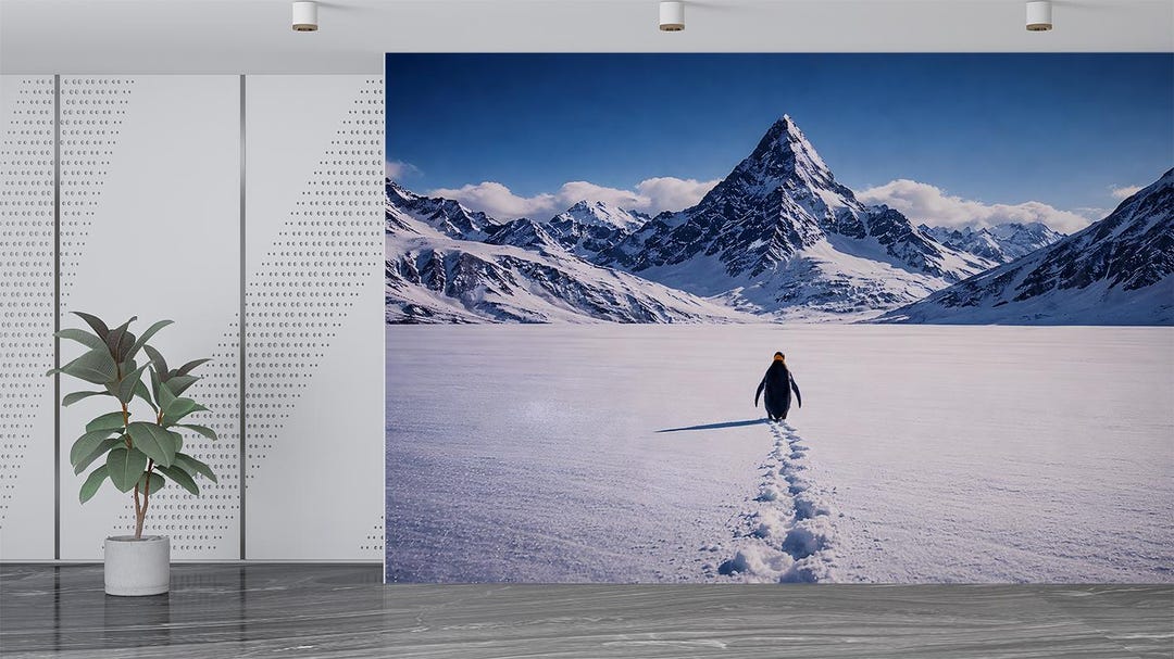 Snowy Mountain Penguin Wall Mural, Arctic Landscape Peel and Stick ...