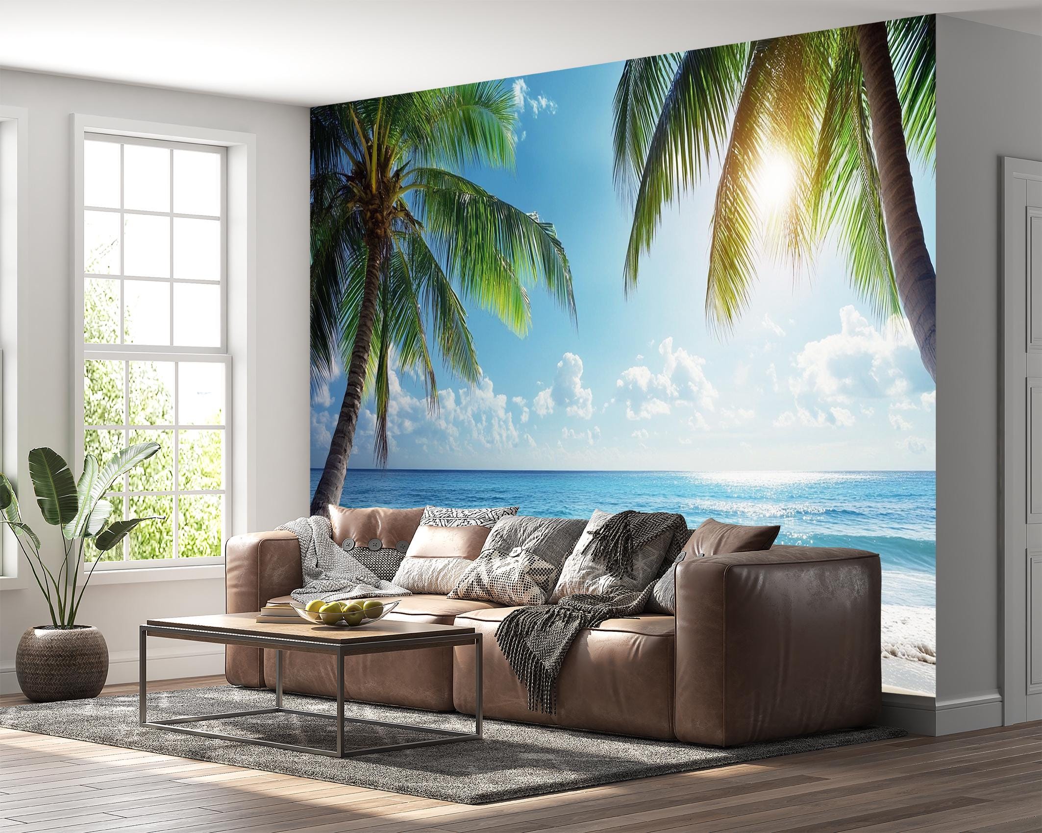 Tropical Beach Wallpaper Ocean View Wall Mural Palm Trees Blue Sea ...