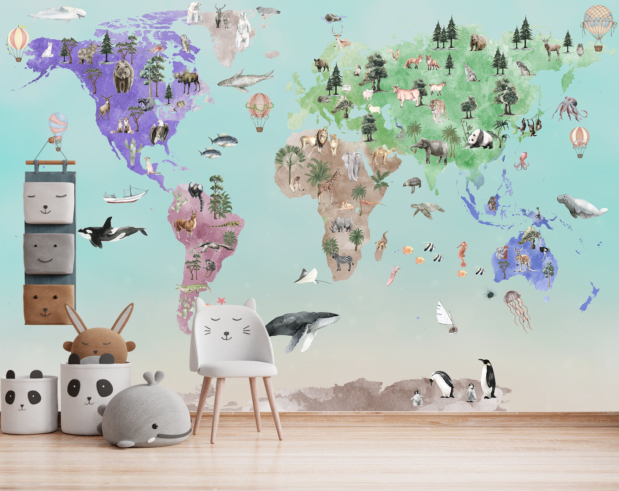Nursery World Map Mural Baby Room Green Wallpaper Kids Print Peel and ...