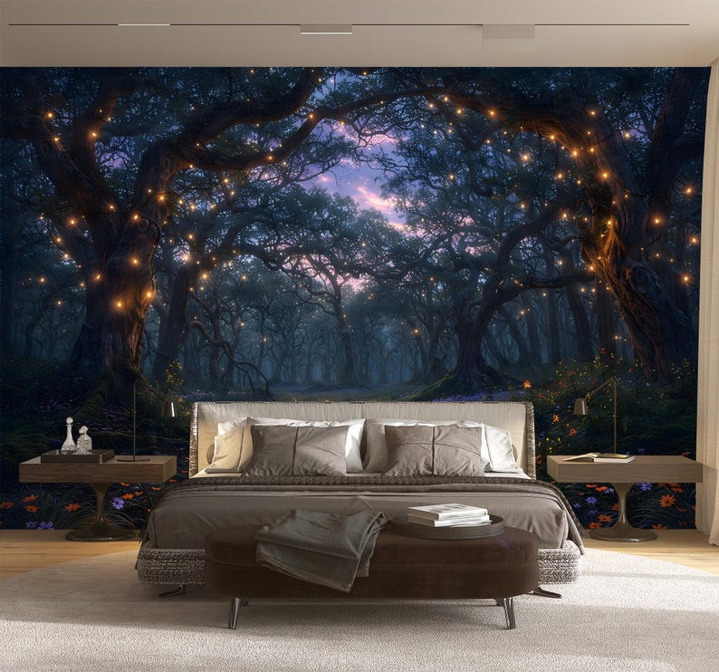 Enchanted Forest Wall Mural, Magical Fairy Lights Woodland Wallpaper ...