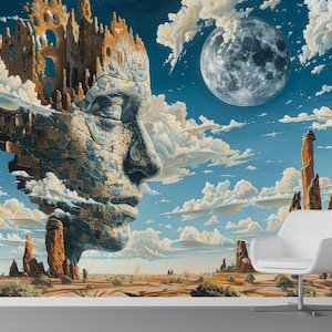 Mystical Landscape Wallpaper Fantasy Face Stone Monument Surreal Sky Moon Clouds Abstract Nature Dream Desert Cosmic Scene Bedroom Mural