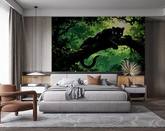 Black Panther Jungle Wallpaper, Tropical Bathroom Mural, Luxury Animal Wall Decor, Peel and Stick Non Woven Wallpaper