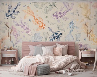 Koi Fish Wallpaper, Japanese Koi Mural, Pastel Fish Wall Decor, Asian Bedroom Wallpaper, Peel and Stick Non Woven Mural