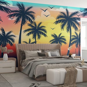 Palm Trees Sunset Wallpaper Wall Mural Tropical Summer Mural Peel and Stick Self Adhesive for Bedroom Living Room or Beach Style Interiors