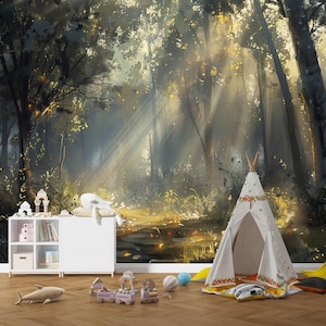 May include: A whimsical children's room featuring a forest mural with sunlight streaming through the trees. A white teepee with colorful trim sits on a yellow rug. A white cabinet holds toys and books, with a toy shark and wooden train set on the floor.