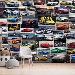 Carta da parati murale con collage di auto sportive, staccabile e attaccabile, regalo per bambini, stampa artistica, murale per cameretta, auto sportiva, murale autoadesivo, personalizzabile