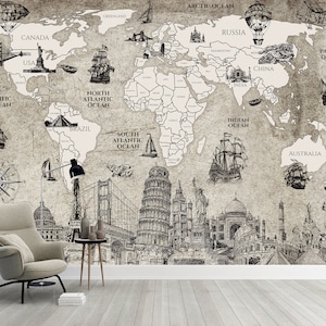 Vintage wereldkaart muurschildering behang afdrukken Peel and Stick reisbehang muurschildering beroemde bezienswaardigheden op de wereldkaart behang slaapkamer