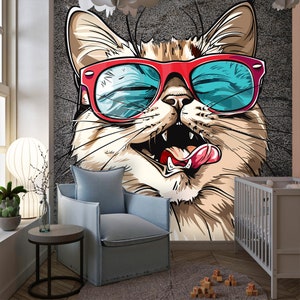 Funny Cat Wallpaper Kids Mural Peel and Stick Pop Art Vinyl Print Bedroom Home Wallpaper Kids Decor Cute Wall Mural Printable Playroom