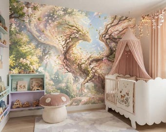 Enchanted Forest Nursery Wallpaper, Fairy Tale Tree Mural, Woodland Baby Room Wallpaper, Magical Kids Room Wall Decor