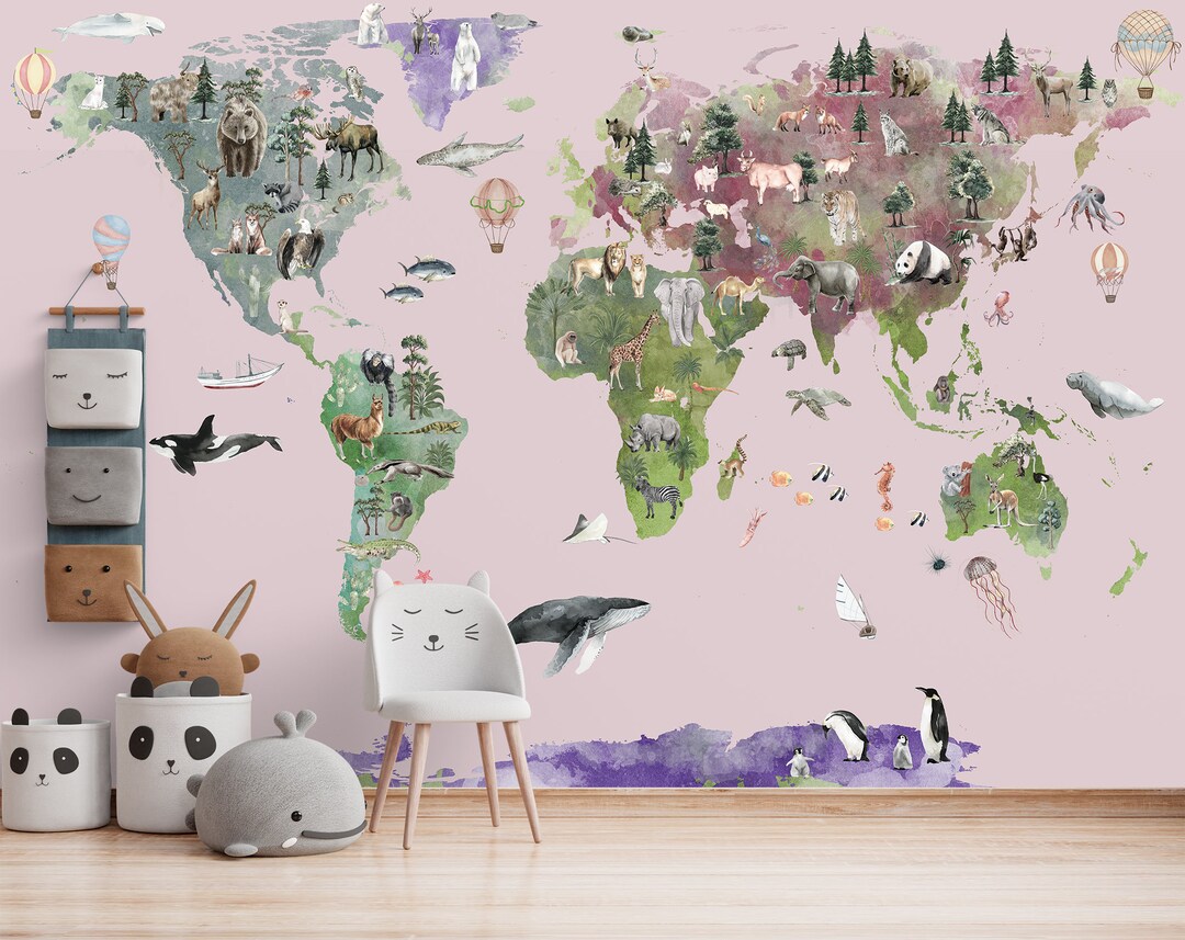 Nursery World Map Baby Room Wallpaper Kids Print Peel and Etsy