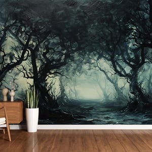 Mural de papel tapiz de bosque oscuro, bosque melancólico, autoadhesivo, despegable y pegable, para dormitorio, sala de estar, naturaleza misteriosa, tamaño personalizado