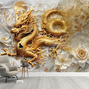 Golden Chinese Dragon Mural 3D Fantasy Art Wallpaper Elegant Dragon Wallpaper Asian Home Wallpaper Asian Office Wallpaper Restaurant Mural