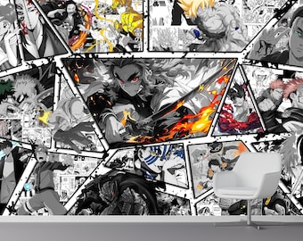 Japanese Anime Wallpaper Manga Collage Gamer Wall Mural Peel & Stick  Comic Cartoon Line Art Bedroom Living Room Playroom Office Teen Room