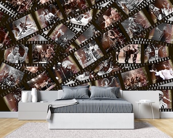 May include: A collage of black and white photos of musicians performing on stage. The photos are arranged in a grid pattern and are framed by strips of film.