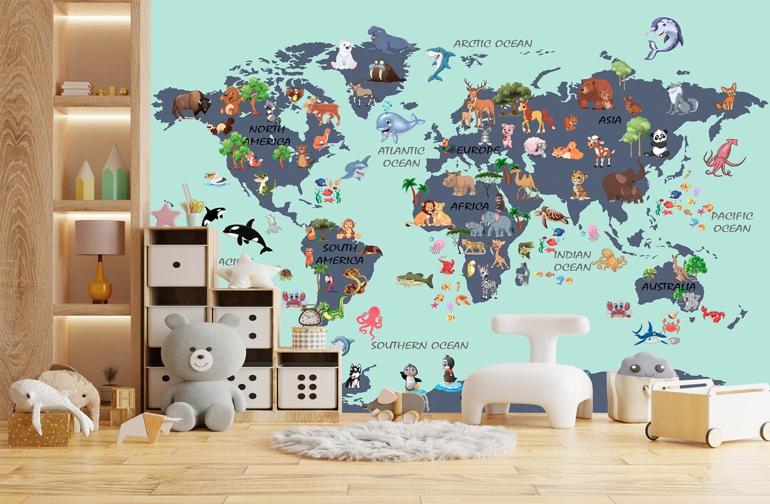 Nursery World Map Baby Room Wallpaper Kids Print Peel and Stick Nursery ...