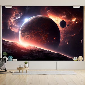 May include: A large, vibrant mural depicting a cosmic scene with planets, nebulae, and a bright light source. The room features a modern design with wooden accents, a gray armchair, and indoor plants. The overall theme is space and home decor.